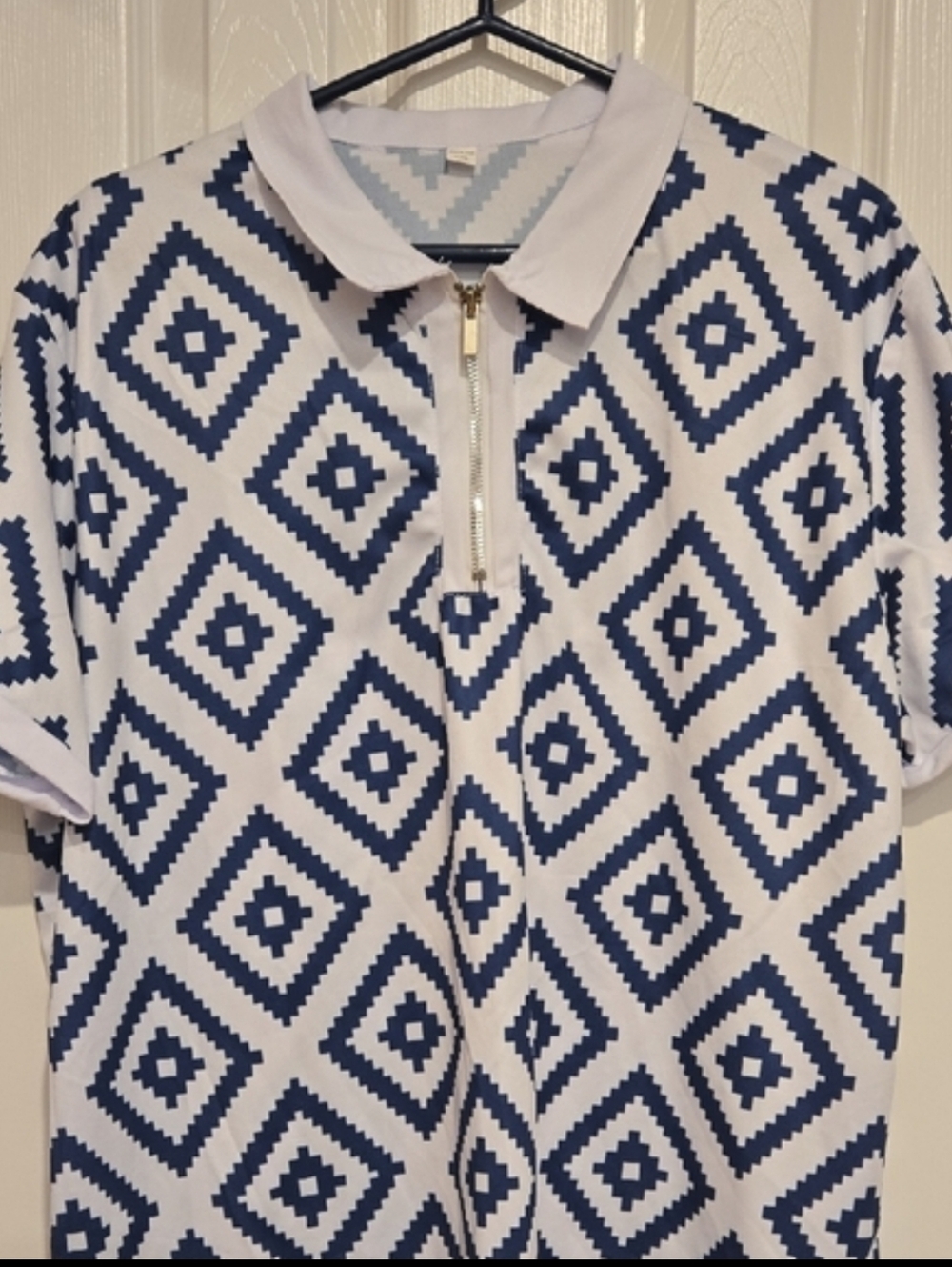 Men's Blue & White Geometric Print Zip-Up Top | Short Sleeve Casual Chic, 2XL - Picture 7 of 7